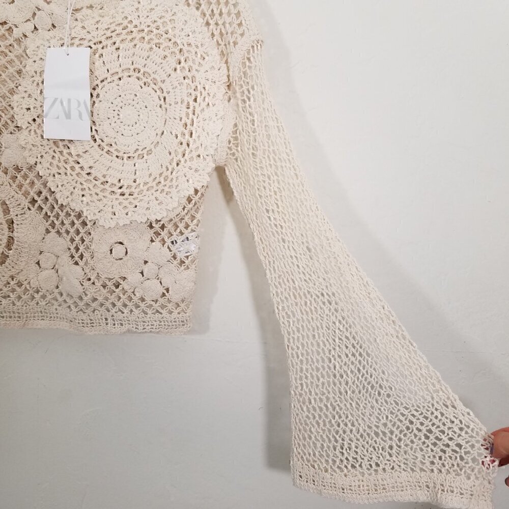Zara Crochet Long Sleeve Cropped Top Cream Size S - Picture 3 of 6